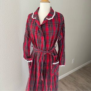 Lanz of Salzburg Red Tartan Flannel Robe with Heart Shape Scallop Detail